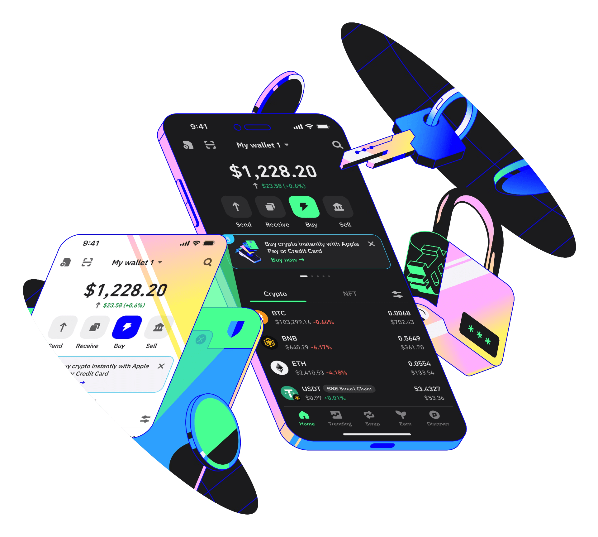TrustCard app showing balance, assets, and quick actions